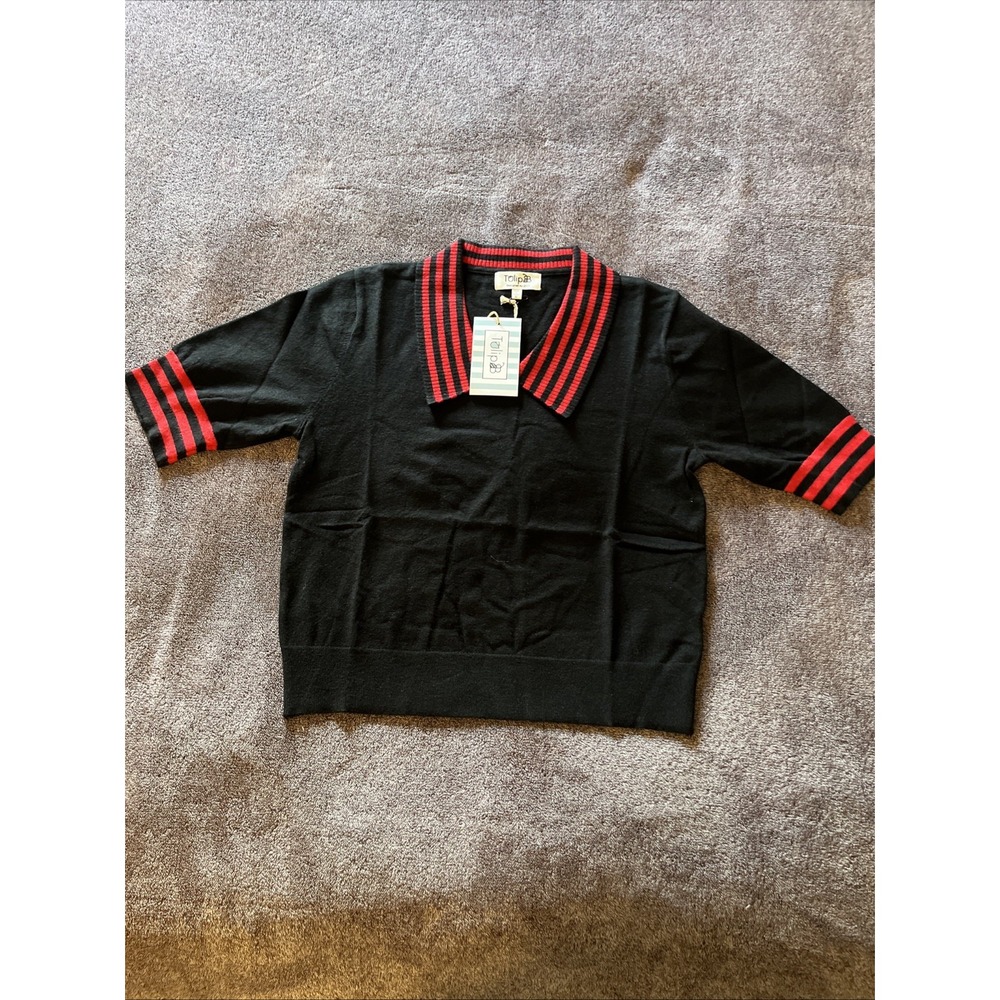 Tulip b Black Red Knit Polo Womens S Preppy Striped Collar Vintage Style